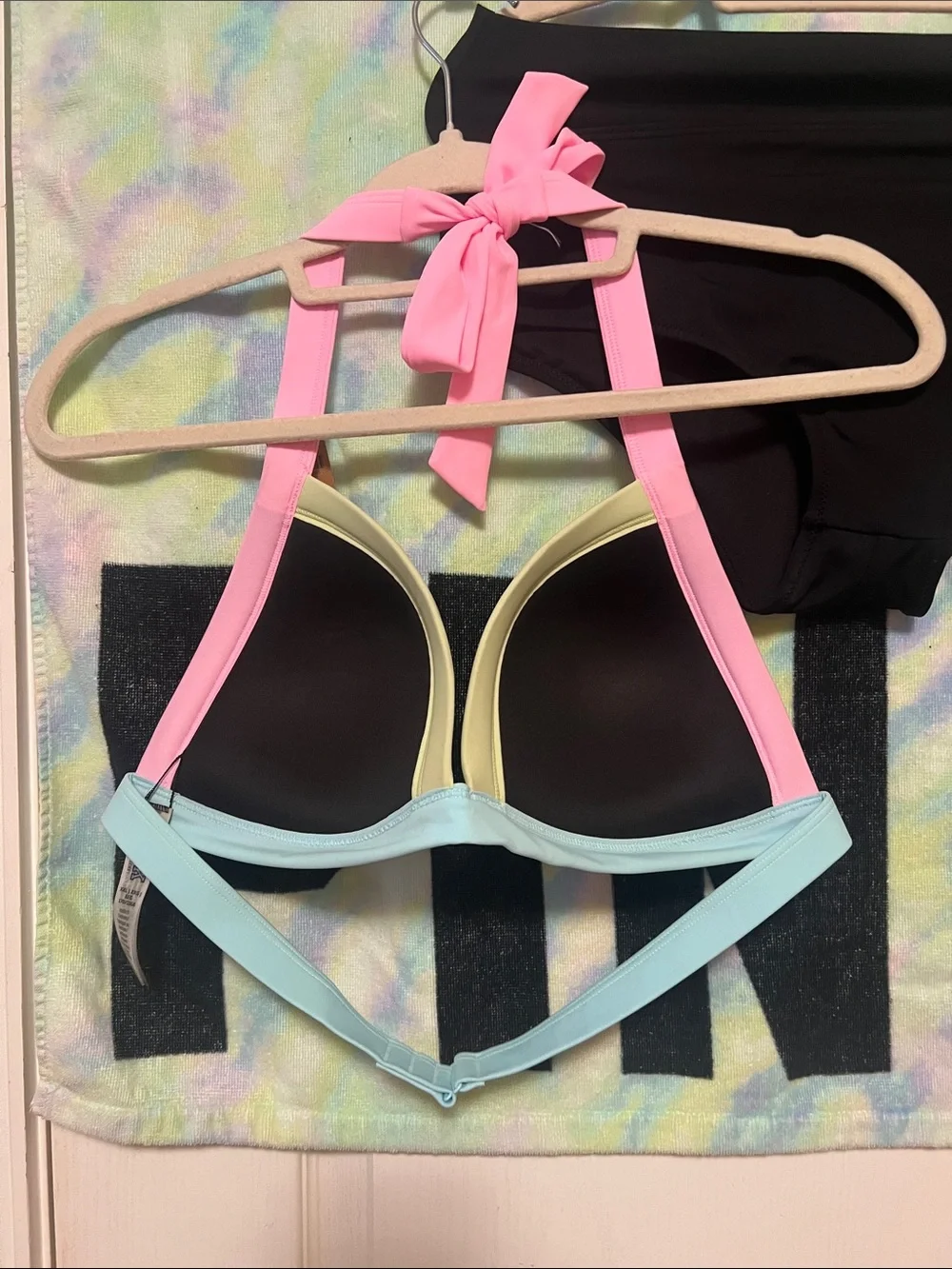 PINK vs Black Bikini Set with tie dye towel